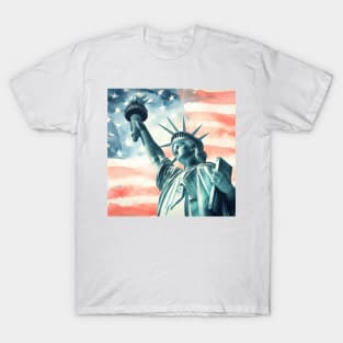 Statue of Liberty closeup with United States of America flag background watercolor T-Shirt